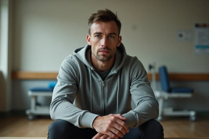 Cycliste en convalescence assis dans une salle de rééducation, expression de résilience face à l'épreuve du cancer