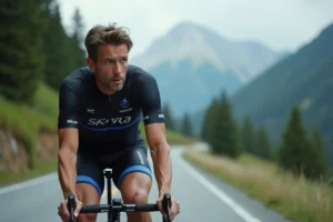 Cycliste professionnel assis sur son vélo de course sur une route de montagne, regard déterminé symbolisant le combat contre la maladie