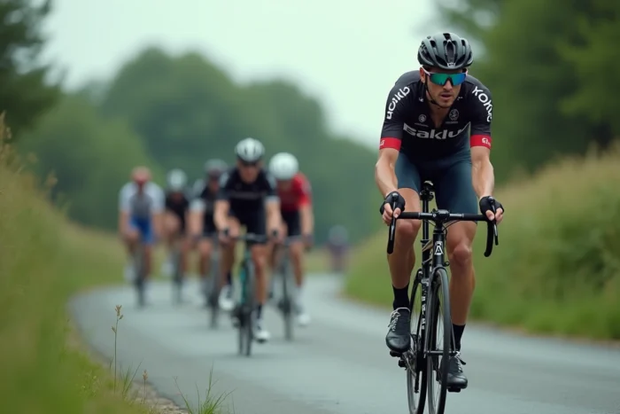 Cycliste professionnel en plein effort lors d'une course sur route européenne entouré du peloton, symbole du retour au sport après un cancer