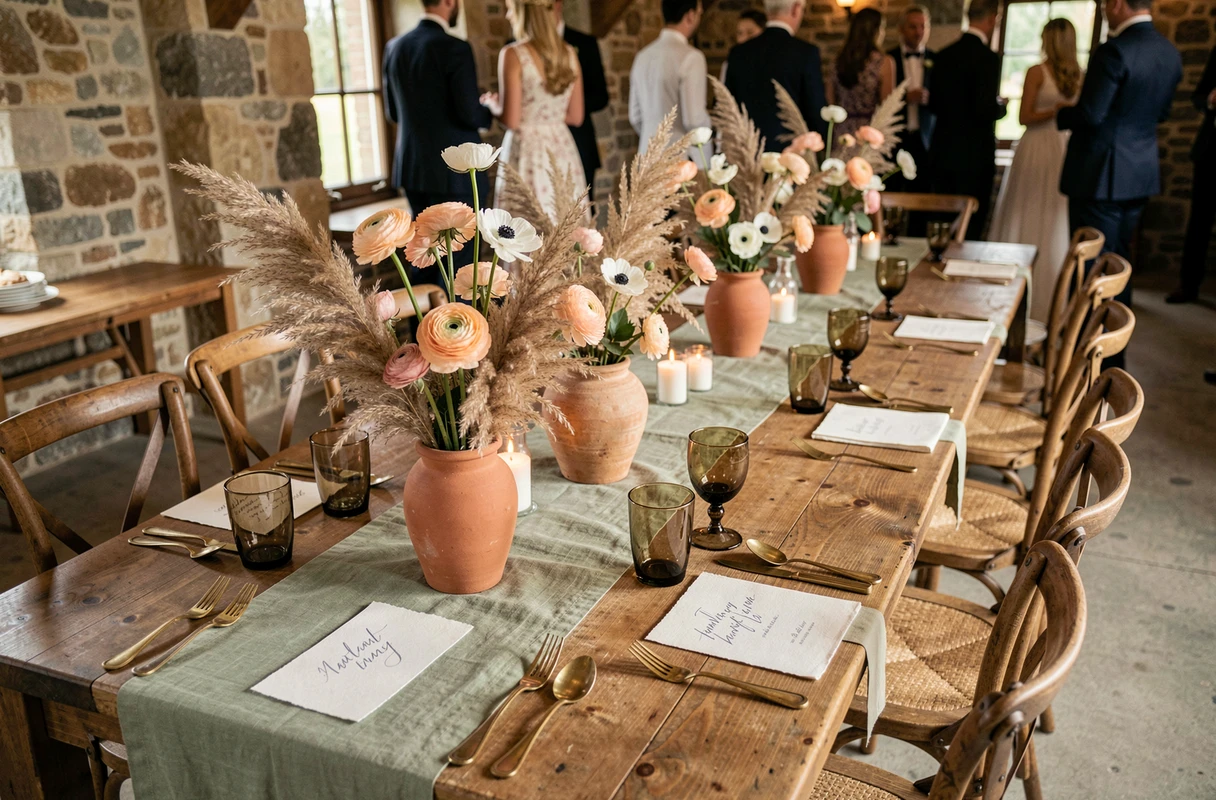 Table de réception de mariage décorée avec des fleurs séchées, de la vaisselle en céramique et une nappe en lin sauge dans une grange en pierre