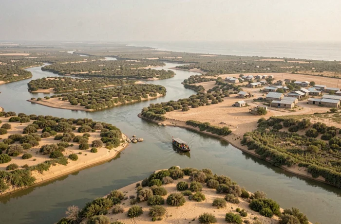 Vue panoramique d'un vaste delta fluvial avec des canaux entrelacés et un ferry traditionnel, illustrant l'exploration des fleuves commençant par C