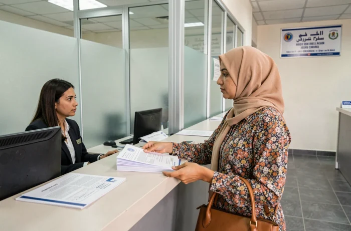 Femme tunisienne déposant des documents pour le renouvellement de son passeport à un guichet consulaire