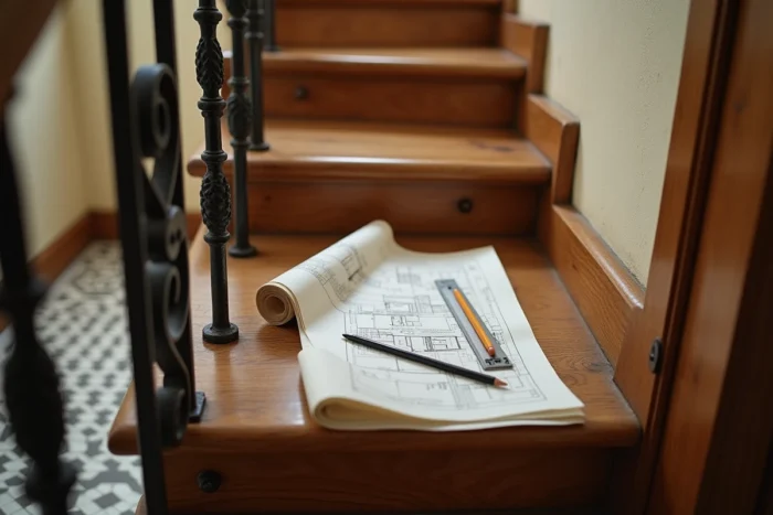 Détail des marches et contremarches d'un escalier en chêne avec plan technique et équerre de menuisier