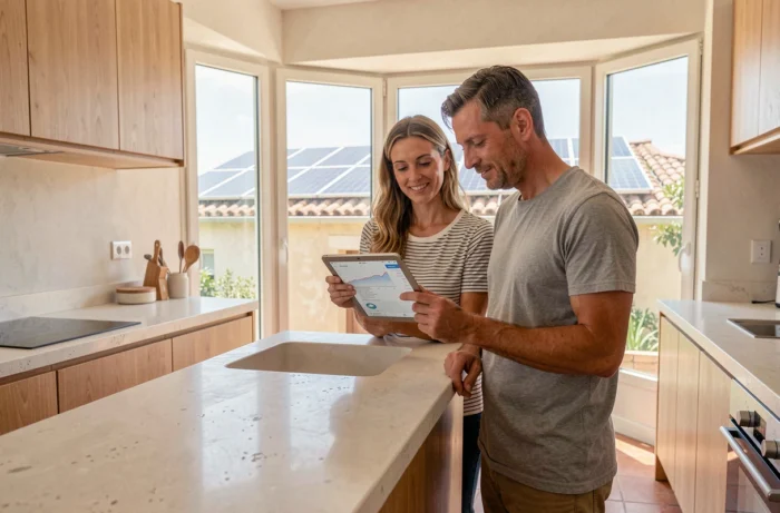 Couple dans une cuisine provençale consultant leurs économies sur facture d'électricité grâce aux panneaux solaires de leur maison dans le Var