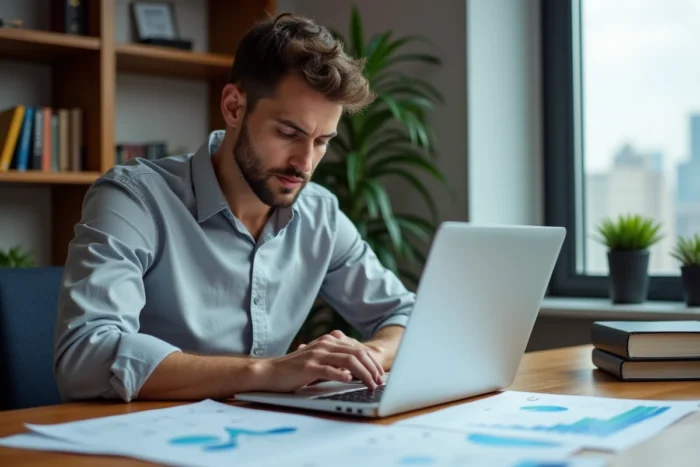 Entrepreneur analysant des rapports de croissance et des données financières dans son bureau privé
