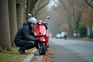 Homme inspectant les pneus de son scooter 125cc lors d'une vérification d'entretien en milieu urbain