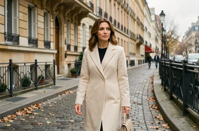 Femme élégante marchant dans une rue parisienne, évoquant le parcours discret de l'épouse d'un homme politique français