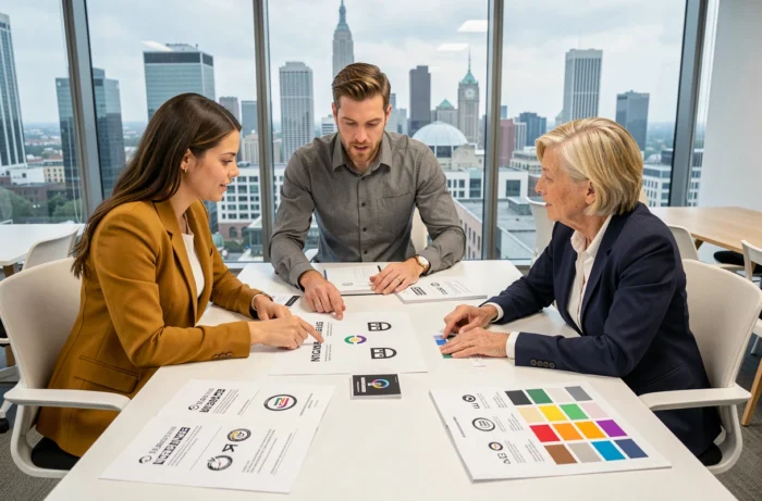 Équipe de branding discutant de mockups de logo personnalisé en réunion d'agence