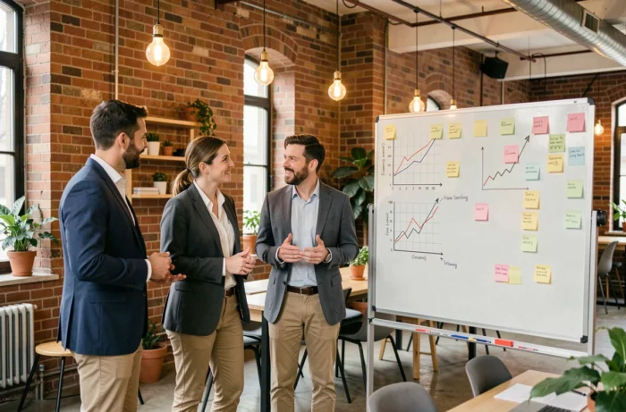 Équipe de professionnels en discussion autour d'un tableau blanc avec des tendances de marché dans un espace de coworking moderne