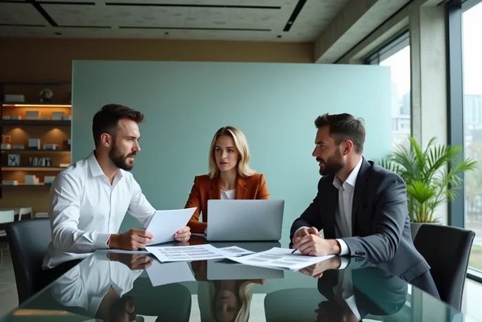 Équipe de professionnels immobiliers en réunion stratégique autour de rapports d'investissement pour optimiser des projets avec les solutions Veritaxis