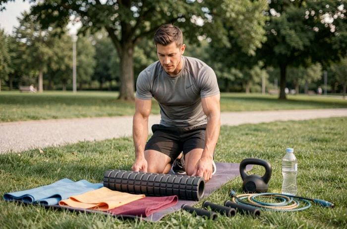 Coach sportif masculin disposant son équipement de débutant sur un tapis de yoga dans un parc, incluant bandes élastiques, kettlebell et corde à sauter
