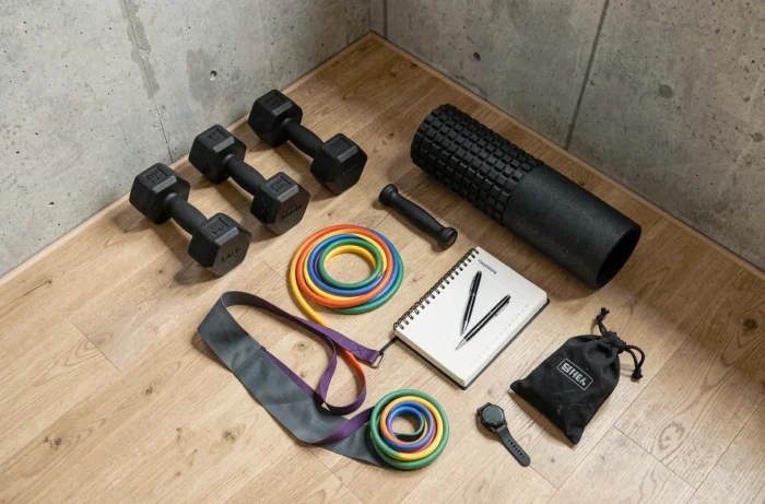 Vue aérienne de l'équipement indispensable pour débuter le coaching sportif, incluant haltères, foam roller, bandes de résistance et carnet d'entraînement