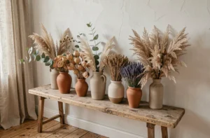 Étagère en bois rustique avec des fleurs séchées en herbes de la pampa, eucalyptus et lavande dans des vases en céramique terracotta pour une décoration intérieure naturelle
