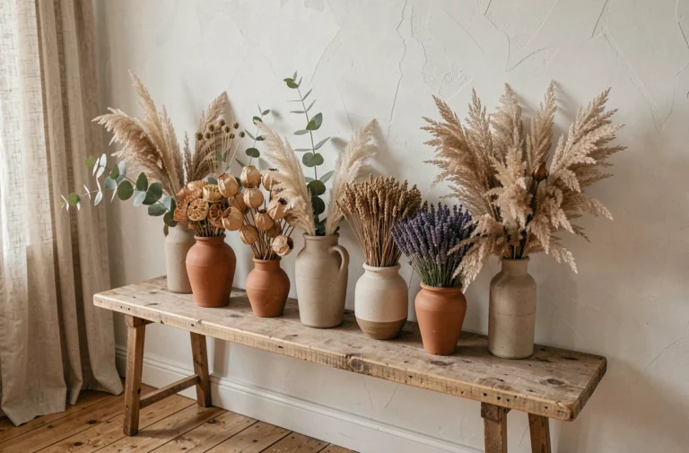Étagère en bois rustique avec des fleurs séchées en herbes de la pampa, eucalyptus et lavande dans des vases en céramique terracotta pour une décoration intérieure naturelle