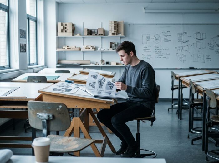 Étudiant en design consultant son portfolio dans une salle de classe d'école d'arts appliqués