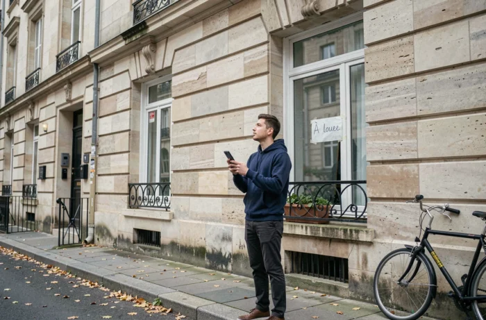 Étudiant devant un immeuble avec panneau à louer dans une rue de La Roche-sur-Yon