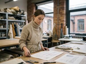 Étudiante en école d'arts appliqués examinant une maquette typographique dans un atelier créatif après le bac