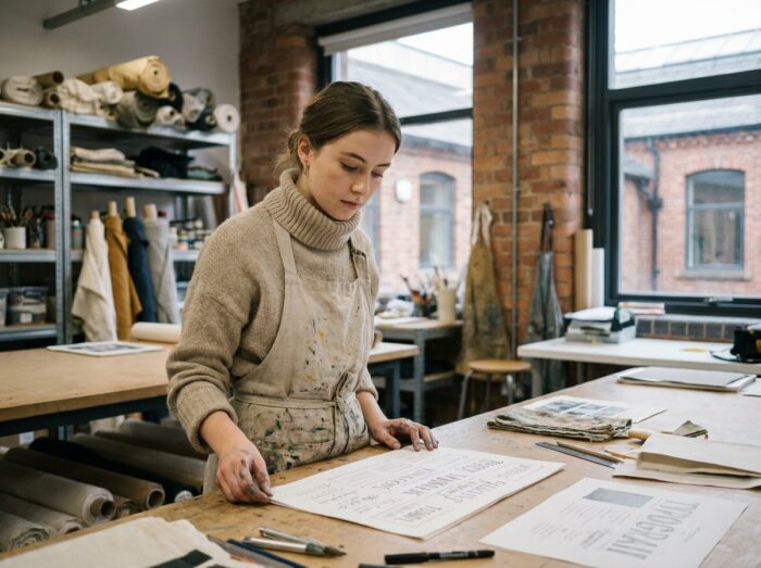 Étudiante en école d'arts appliqués examinant une maquette typographique dans un atelier créatif après le bac