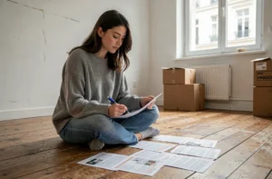 Étudiante consultant des annonces de logement dans un studio vide à La Roche-sur-Yon avec un petit budget