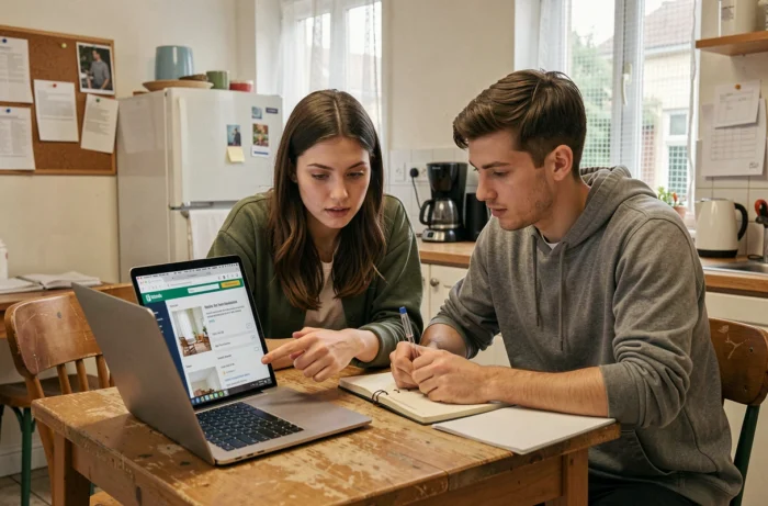 Deux étudiants colocataires recherchant un appartement abordable sur ordinateur à La Roche-sur-Yon