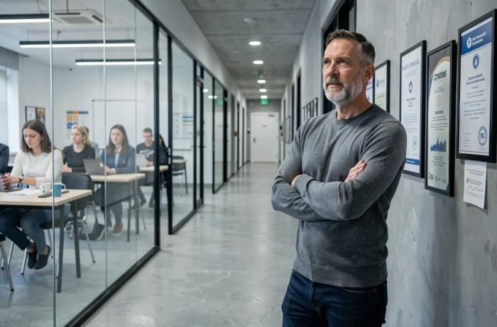 Homme évaluant une session de formation à travers la vitre d'une salle de cours professionnelle