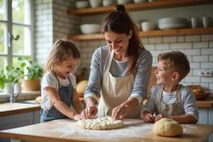 Mère et enfants qui cuisinent ensemble dans une cuisine familiale chaleureuse, partageant un moment complice autour de la préparation de pain