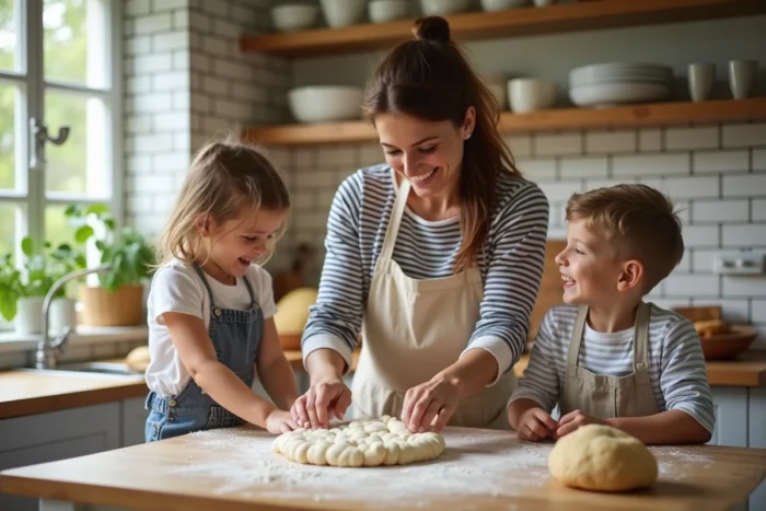 Mère et enfants qui cuisinent ensemble dans une cuisine familiale chaleureuse, partageant un moment complice autour de la préparation de pain