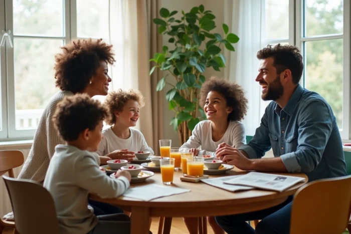 Famille diversifiée partageant un petit-déjeuner animé autour d'une table en bois dans une salle à manger lumineuse et accueillante