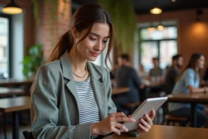 Jeune femme consultant l'actualité culturelle et société sur une tablette numérique dans un café urbain moderne