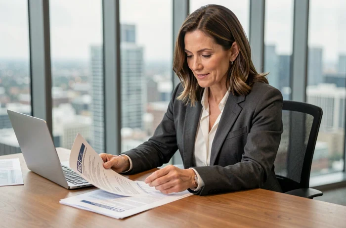 Femme d'affaires consultant des documents de conformité commerciale EEC dans un bureau moderne