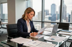 Femme d'affaires professionnelle analysant des rapports dans un bureau moderne avec vue sur la ville, tendances business actuelles