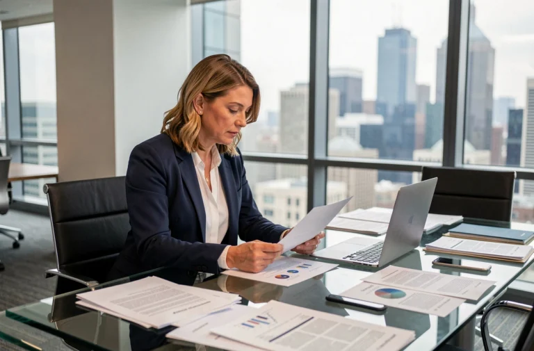 Femme d'affaires professionnelle analysant des rapports dans un bureau moderne avec vue sur la ville, tendances business actuelles