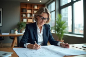 Femme professionnelle analysant des plans immobiliers et des documents financiers dans un bureau moderne pour un investissement immobilier réussi