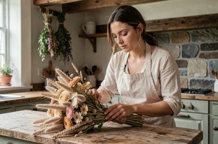 Femme arrangeant un bouquet de fleurs séchées sur une table de cuisine rustique, décoration naturelle avec blé séché et chardons dans une ambiance fermière authentique