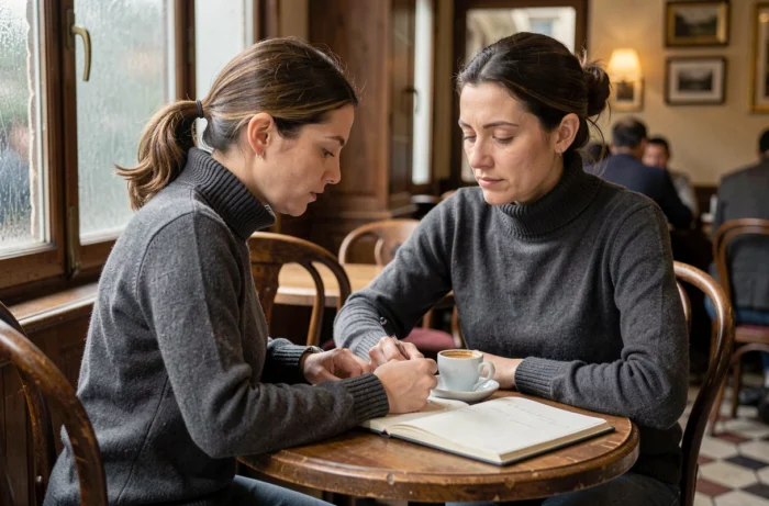 Femme concentrée prenant des notes dans un café parisien, symbole du parcours discret et cultivé de la femme de François-Xavier Bellamy