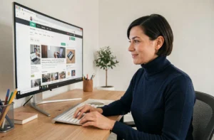 Femme assise à un bureau moderne consultant des ressources technologiques sur un écran ultrawide pour rester informée des dernières innovations