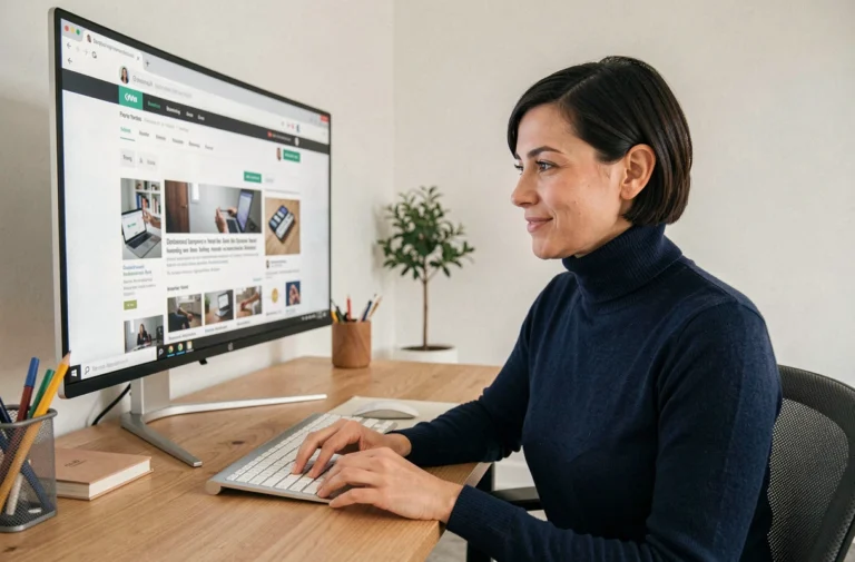 Femme assise à un bureau moderne consultant des ressources technologiques sur un écran ultrawide pour rester informée des dernières innovations