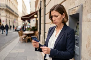 Femme frustrée tenant sa carte bleue LCL bloquée devant un distributeur automatique en plein air
