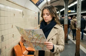 Jeune femme consultant une carte des zones Navigo dans le métro parisien