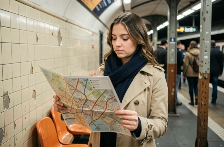 Jeune femme consultant une carte des zones Navigo dans le métro parisien