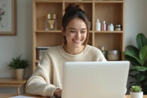 Jeune femme consultant la page sitemap d'un blog beauté sur son ordinateur portable dans un bureau minimaliste