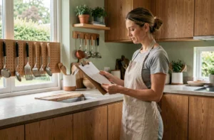 Femme organisant sa cuisine moderne avec des ustensiles bien rangés et un tableau de rangement en bois