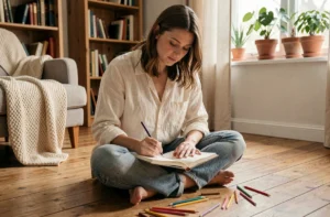 Femme dessinant dans un carnet artistique sur un plancher en bois dans un salon cosy, entourée de crayons de couleur et de plantes vertes