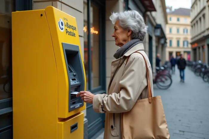 Femme utilisant un distributeur automatique de La Banque Postale dans une rue française, vérifiant la disponibilité de son solde après une opération récente