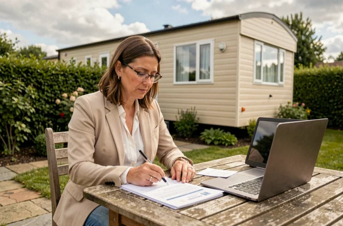 Femme étudiant un dossier de permis pour l'installation d'un mobil home sur terrain privé