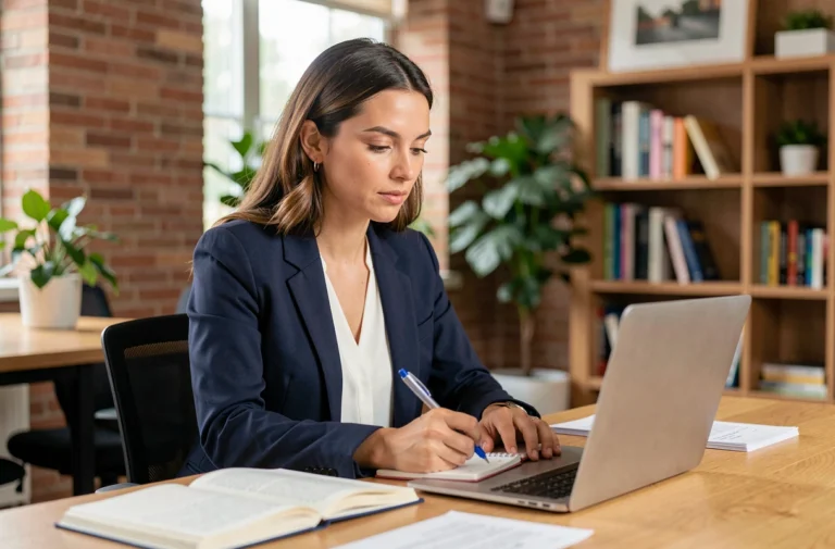 Femme professionnelle prenant des notes lors d'une formation en ligne dans un espace de coworking moderne
