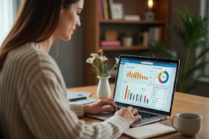 Femme gérant son budget personnel sur un ordinateur portable avec un logiciel de finances à la maison