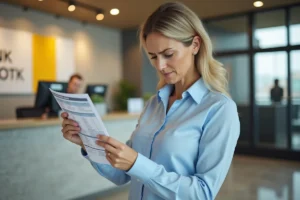 Femme consultant un relevé bancaire à un guichet de La Banque Postale, cherchant à comprendre la disponibilité de son argent après une opération