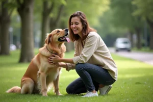 Femme souriante jouant avec un golden retriever dans un parc verdoyant, illustration des conseils pour comprendre son chien