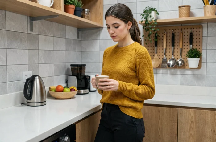Femme préparant une tasse de thé dans une kitchenette de salle de pause ergonomique et bien aménagée